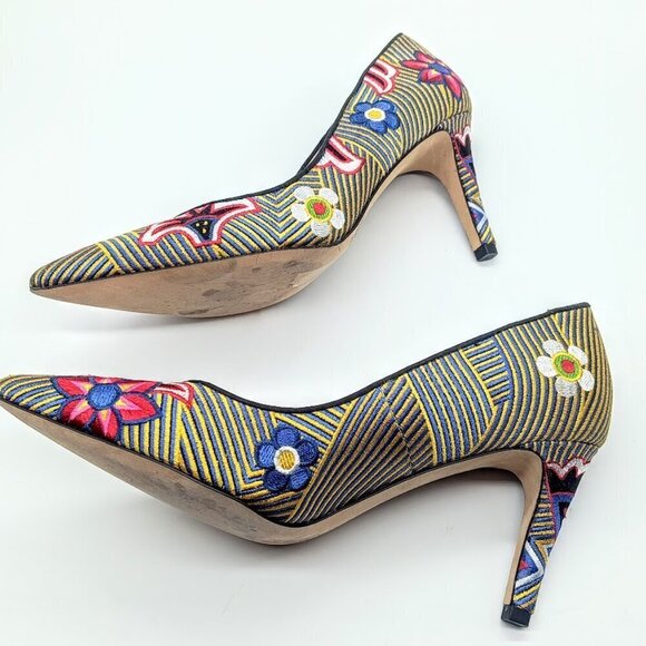 Neiman Marcus Multicolor Floral Striped Embroidered Heels 8M - Picture 7 of 9
